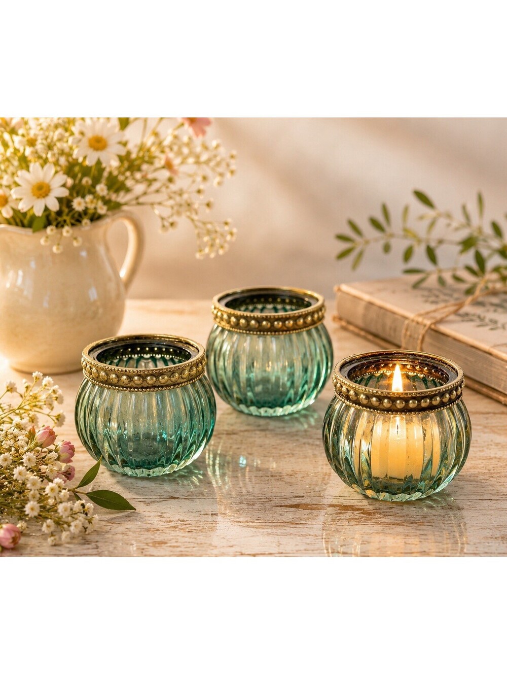 Modern 2020s 3pc Teal Ribbed Glass Votive Candle Holders Gold Beaded Rim, 2x2.5”